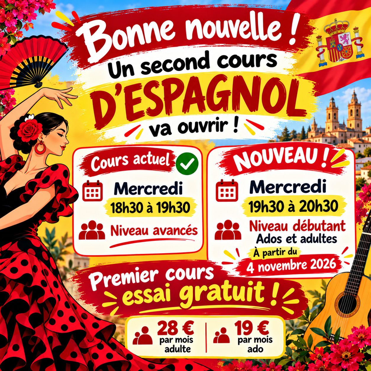 Affiche festive pour cours d’espagnol